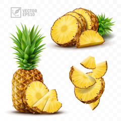 3d realistic isolated vector pineapple set, whole pineapple with leaves, falling pineapple slices and pineapple slices and a half