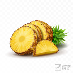 3d realistic isolated vector pineapple set, half pineapple with leaves, slices and a half