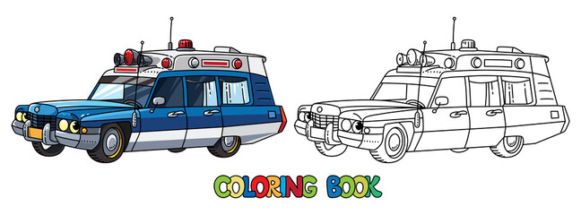 Wall Mural - Funny retro ambulance car with eyes. Coloring book