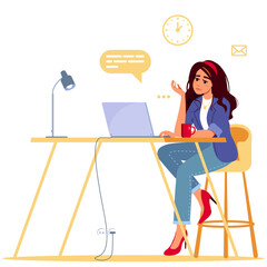 Modern young woman uses a laptop when working, studying, blogging, communication or programming. Work from home, freelancer, student. Concept of cute girl in a convenient workplace