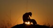 Funny cute animals. Close-up silhouette portrait of two meerkats suricate standing on top of their burrow at sunset