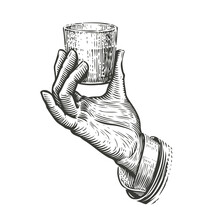 Hand Holding A Glass. Illustration Drawn In Vintage Engraving Style