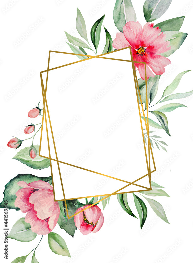 Watercolor pink flowers and green leaves card illustration Stock ...