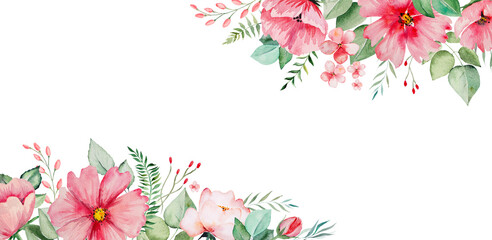 Wall Mural - Watercolor pink flowers and green leaves border illustration