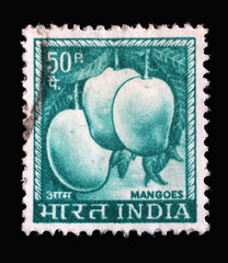 Stamp printed in India shows Mangoes fruits, circa 1967