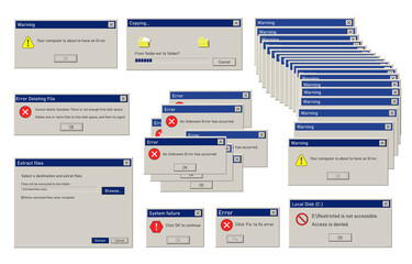 realistic retro operating system errors vector flat illustration error message at old user interface