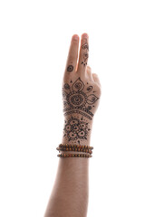 Wall Mural - Woman with beautiful henna tattoo on hand against white background, closeup. Traditional mehndi