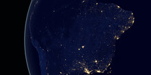 Brazil At Night In The Earth Planet Rotating From Space