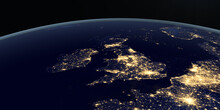 United Kingdom At Night In The Earth Planet Rotating From Space