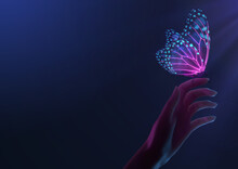 3D Render Of Magical Glowing Neon And Fluorescent Butterfly Stand On Hand In A Hopeful Pose