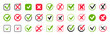 Check mark icon set. Green check marks and red crosses. Tick and cross icons. Accepted or rejected, true or false, right or wrong, yes or no signs. Checkbox icons. Vector illustration.