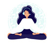 Girl in yoga lotus practices meditation and listens to music on headphones. Practice of yoga. Illustration in flat style. Young woman meditating