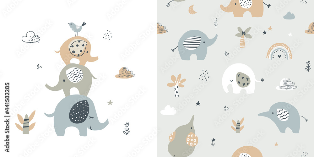 Cute elephant card and seamless pattern for baby shower decor, nursery ...