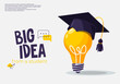© Leonid - Vector illustration of the concept of a big idea from a student, a square academic cap of a student is put on an electric light bulb for light