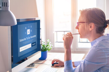 Newsletter subscription form on e-commerce website. Online marketing with email membership to receive excelusive offers, discounts and incentives. Digital advertisement and communication by e-mail.