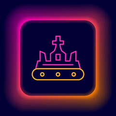 Sticker - Glowing neon line British crown icon isolated on black background. Colorful outline concept. Vector