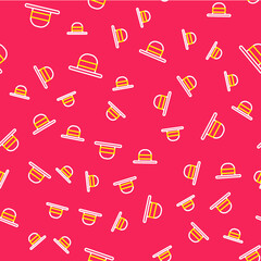 Sticker - Line Elegant women hat icon isolated seamless pattern on red background. Vector