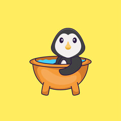  Cute penguin taking a bath in the bathtub. Animal cartoon concept isolated. Can used for t-shirt, greeting card, invitation card or mascot. Flat Cartoon Style