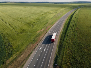 Wall Mural - White Truck with Cargo Semi Trailer Moving on Road in Direction. Aerial Top View