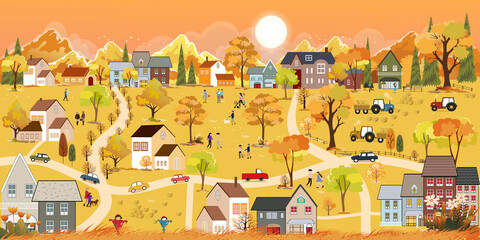 Autumn landscape in city with happy people walking at the park,Vector illustration cartoon Fall season in the town with orange foliage,Peaceful panorama natural in minimalist style Natural in the city