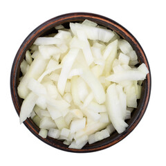 Poster - White onion chopped in a clay bowl. Vegetables, ingredients and staple foods. Isolated macro food photo close top on white background.