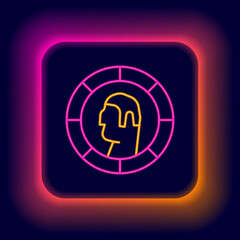 Sticker - Glowing neon line Ancient Greek coin icon isolated on black background. Colorful outline concept. Vector