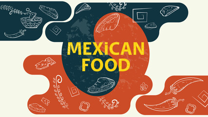 Wall Mural - Illustration sketch for the design balance sign with the inscription Mexican food tortillas tacos hot chili pepper sprigs of plants