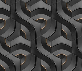 Wall Mural - Geometric seamless 3D pattern in black with gold and black elements. Curve series. 3d illustration.