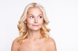 © deagreez - Photo of aged beautiful woman happy positive smile dream think look empty space isolated over grey color background
