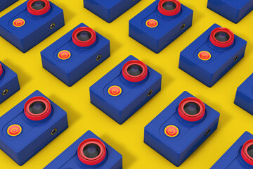 Leinwandbilder - Rows of Small Ultra HD Blue and Red Action Camera. 3d Rendering
