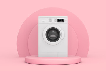 White Mockup Modern Washing Machine over Pink Cylinders Products Stage Pedestal. 3d Rendering