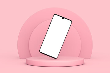 Fototapete - Modern Mockup Mobile Phone with Blank Screen for Your design over Pink Cylinders Products Stage Pedestal. 3d Rendering