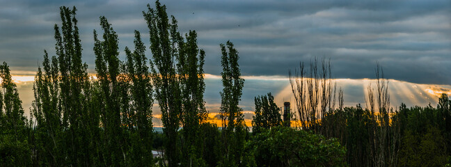 Wall Mural - Landscape with dramatic light - beautiful golden sunset with saturated sky and clouds.