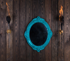 Poster - vintage victorian mirror on wooden wall