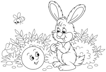 Wall Mural - Freshly backed happy round loaf friendly smiling and talking to a small hare on a forest glade from a fairytale, black and white outline vector cartoon illustration for a coloring book page