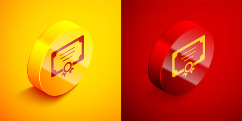 Sticker - Isometric Certificate template icon isolated on orange and red background. Achievement, award, degree, grant, diploma concepts. Circle button. Vector