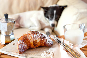 Italian breakfast with black coffee, milk and cereal