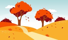 Autumn Road Landscape. Natural Forest Landscape. Vector Fall Foliage Nature Illustration.