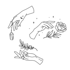 Wall Mural - collection of linear magic hands. set of hands of fortune teller or witch. vector illustration