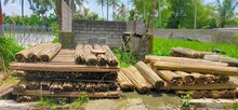 A View Of Neatly Arranged Bamboo Lanjars