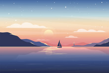 Sunset Or Sunrise In Ocean. Vector Illustration Of Sunset Nature Landscape With Lighthouse, Mountains, Sea, Yacht, Waves, Clouds. Evening Or Morning  View Background. Summer Horizontal Poster.