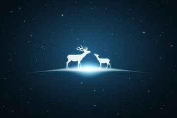 Sticker - deer family. endangered animal silhouette. starry sky, glowing outline