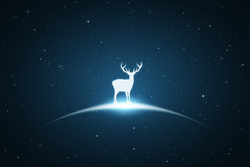 Poster - Lonely deer. Endangered animal silhouette. Starry sky, glowing outline.