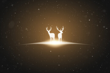 Poster - Deer couple. Endangered animal silhouette. Starry sky, glowing outline