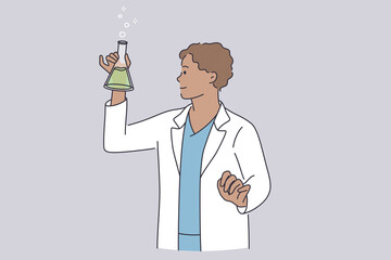 Wall Mural - scientific research and chemistry concept. young positive scientist chemist in working uniform carto