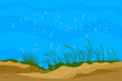 Ocean bottom landscape. Underwater background with grass silhouettes and shiny air bubbles. Undersea empty cartoon scene. Deep ocean seascape. Tropical marine scenery. Stock vector illustration