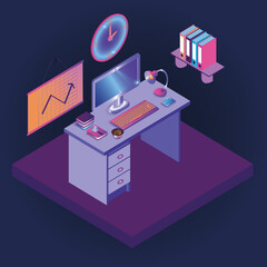 Wall Mural - Isometric illustration of a desktop with a laptop and other workspace equipment on blue background