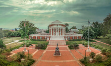 Aerial View Of The Famous Rotunda Building Of The University Of Virginia In Charlottesville With Classic Greek Arches Design By President Jefferson Iconic Building Of The Campus With Dramatic Sunrays