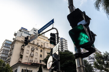 Pedestrian traffic light on the corners of Higienopolis and Angelica avenues, in the Higienopolis neighborhood, central area of the city of Sao Paulo.