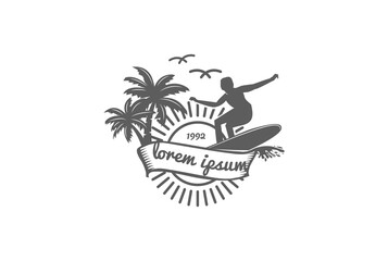 Vintage Hipster Sunset Palm Coconut Trees for Surf Sport Club Competition Logo Design Vector